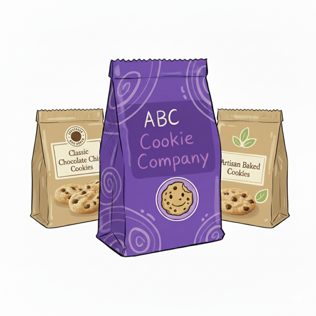Visual of vibrant and colorful bag of cookies from ABC Cookie Company between two classic brands in neutral colors - think pepperidge farm or healthy gluten-free options