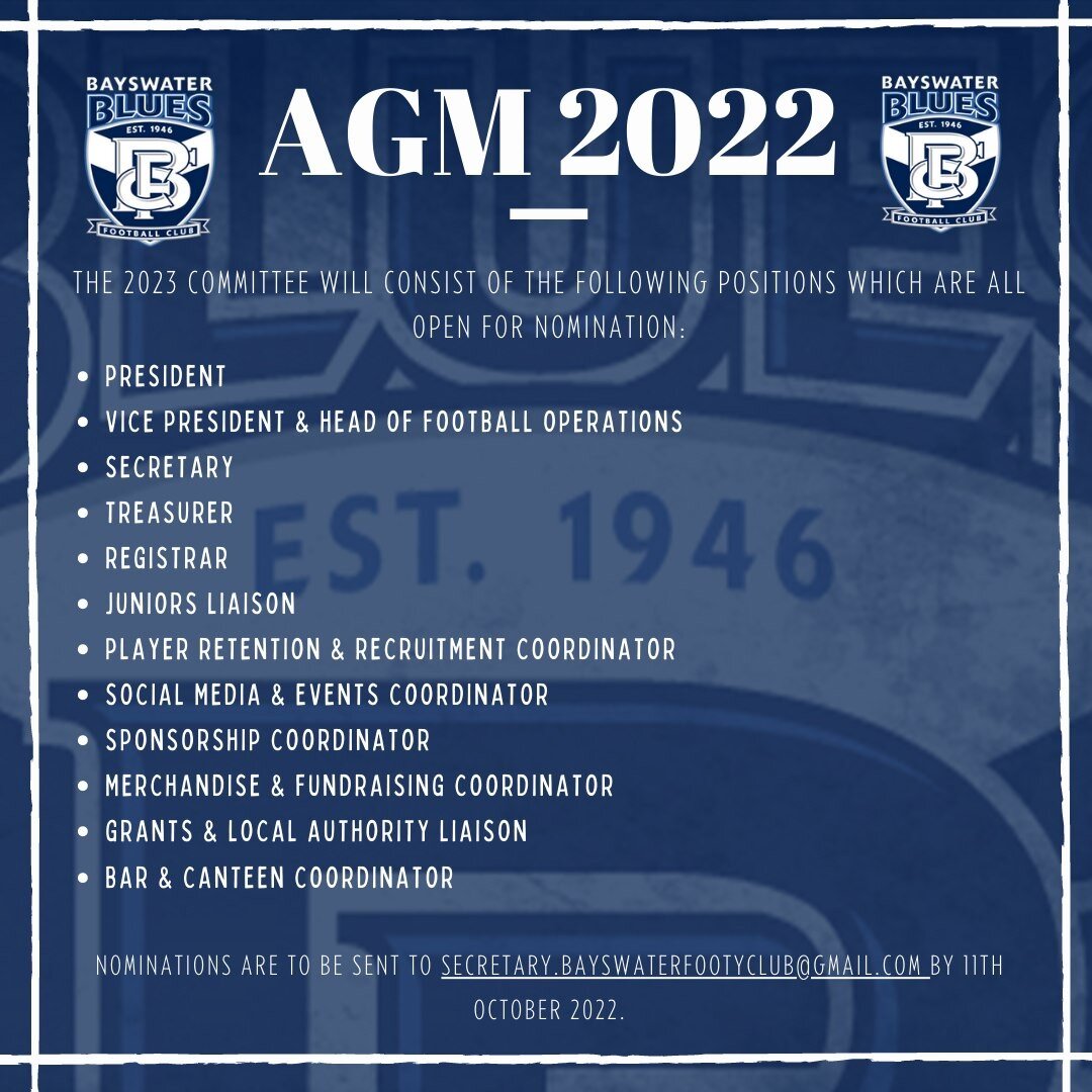 A reminder that the 2022 AGM will be held on Tuesday, 18th October, at the Civic Hotel starting at 7.00pm. All positions are vacated and the 2023 committee will be elected on the night. 
Please ensure all nominations are submitted via email to secret