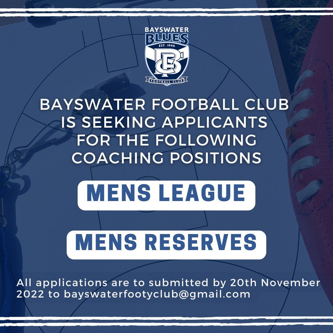 Bayswater Football Club (BFC) are seeking applicants to fill coaching roles for season 2023. 
We are a strong community club that currently field sides in the Mens&rsquo;, Womens&rsquo; and Colts; competitions in the Perth Football League (PFL). In t
