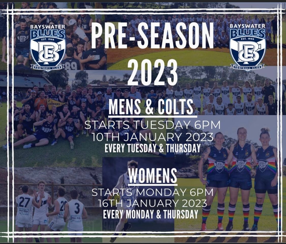 💙Pre-Season for 2023 💙

The Bayswater Football Club would like to welcome new &amp; current players to our 2023 Preseason. 

📍Where: 
Upper Hillcrest Reserve. 94 Coode Street, Bayswater. 

⏰ Time:
Mens: Tuesday &amp; Thursday 6pm 
Women&rsquo;s: M