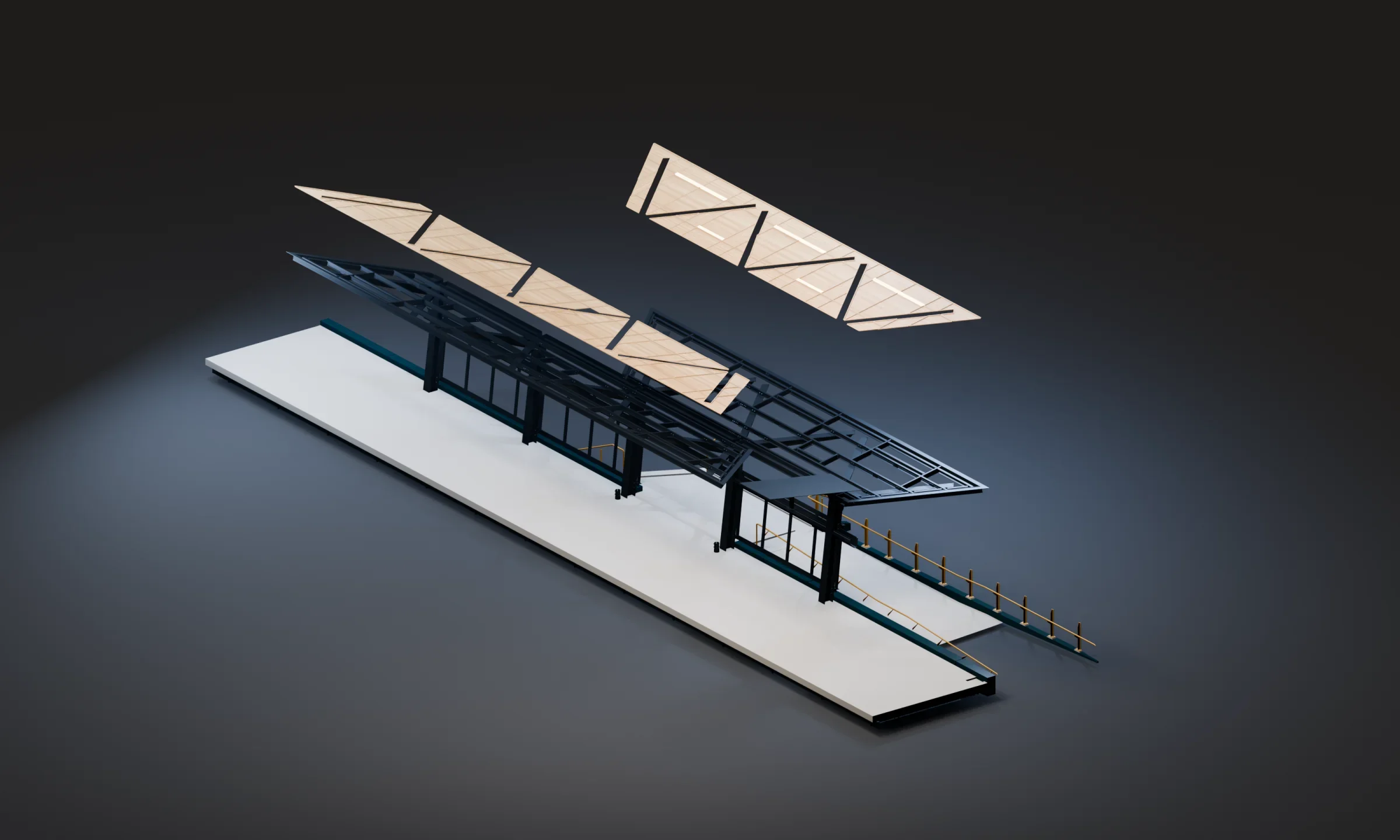 Exploded BIM visualisation of the Port Dock Railway Station canopy showing soffit panels, steel structure and assembly.