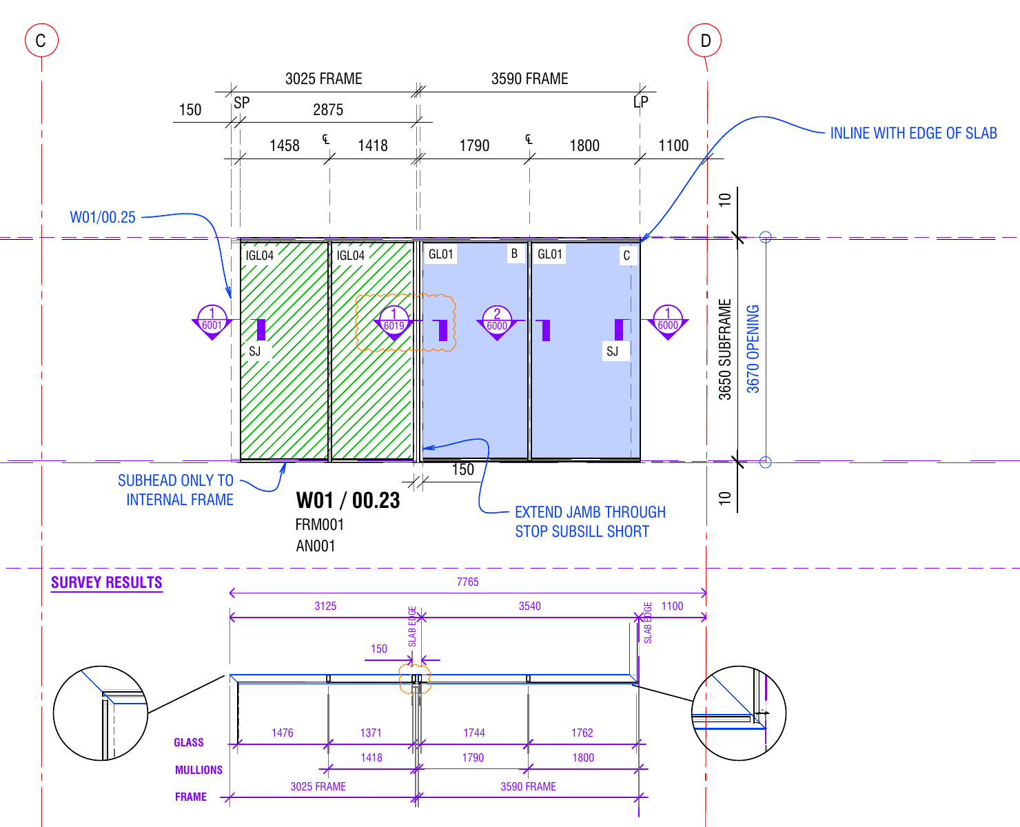 Commercial aluminium window workshop drawing showing a dimensioned elevation, glazing plan and enlarged frame details.