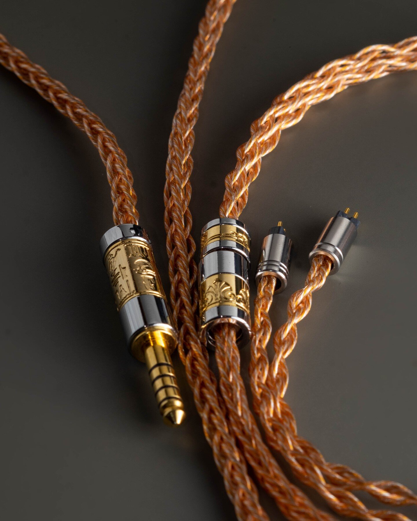 Cleopatra - a tri-hybrid litz wire with ancient Egyptian inspired connectors and OE Audio TeCu Liquid Crystal Polymer CNC stainless steel shell and 10U gold plating! the thickest available on the market, connectors are available for upgrade through t