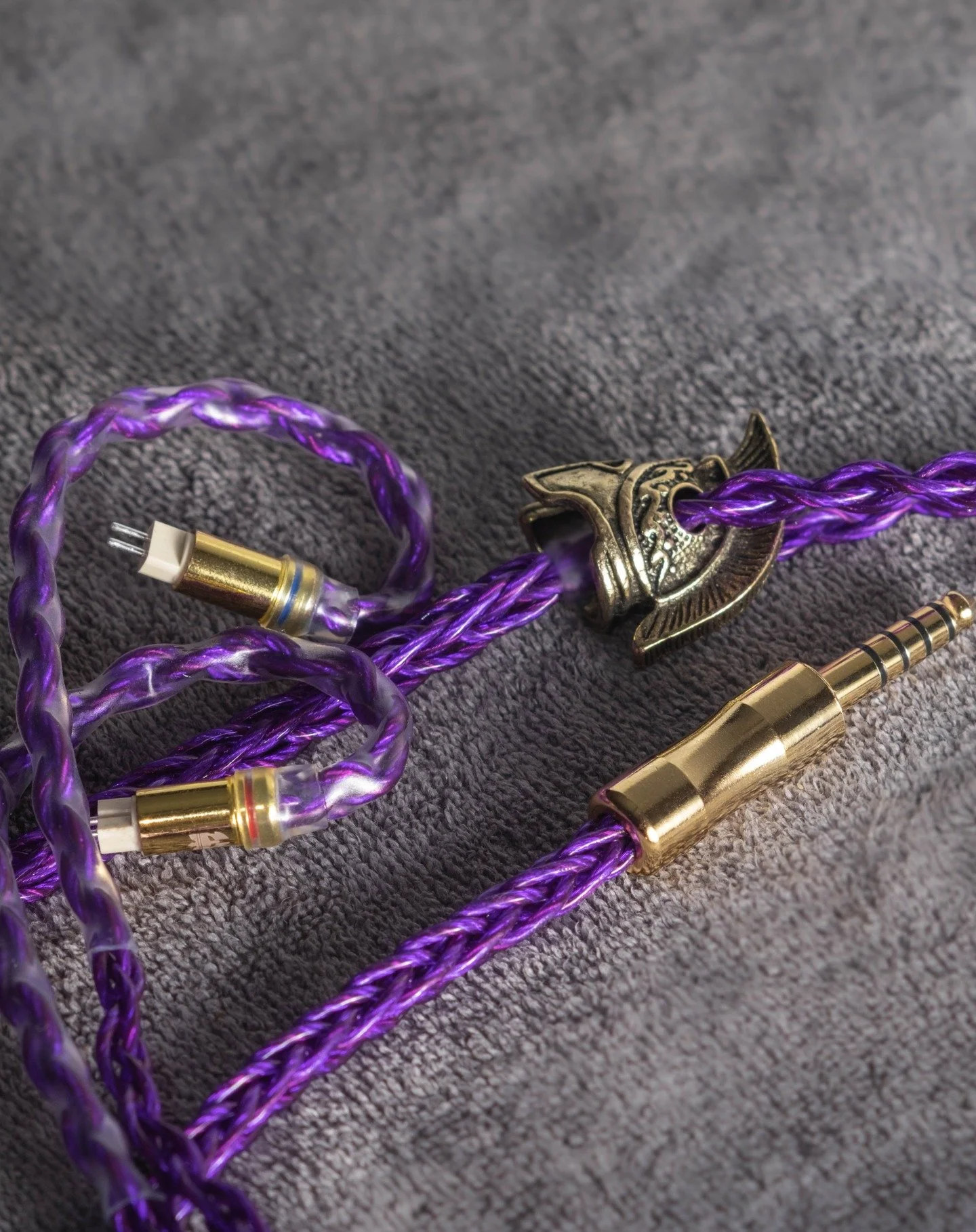 Virtus Ametis &mdash; a fusion of copper-gold, silver-palladium, and pure magnesium. Clad in violet and armed with gladiator gold. Sonic purity, redefined. ⚔️🔊 #IEMCable #AudiophileGear #HiFiAudio #headfi