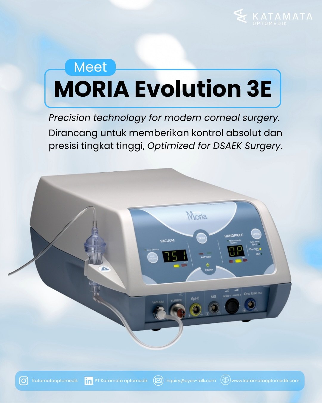 Kenalan yuk dengan MORIA Evolution 3E! ✨

MORIA Evolution 3E adalah control console pusat untuk mengoperasikan microkeratome MORIA. Dirancang khusus untuk bedah kornea modern, sistem ini memberikan kontrol absolut dan presisi tingkat tinggi guna mend