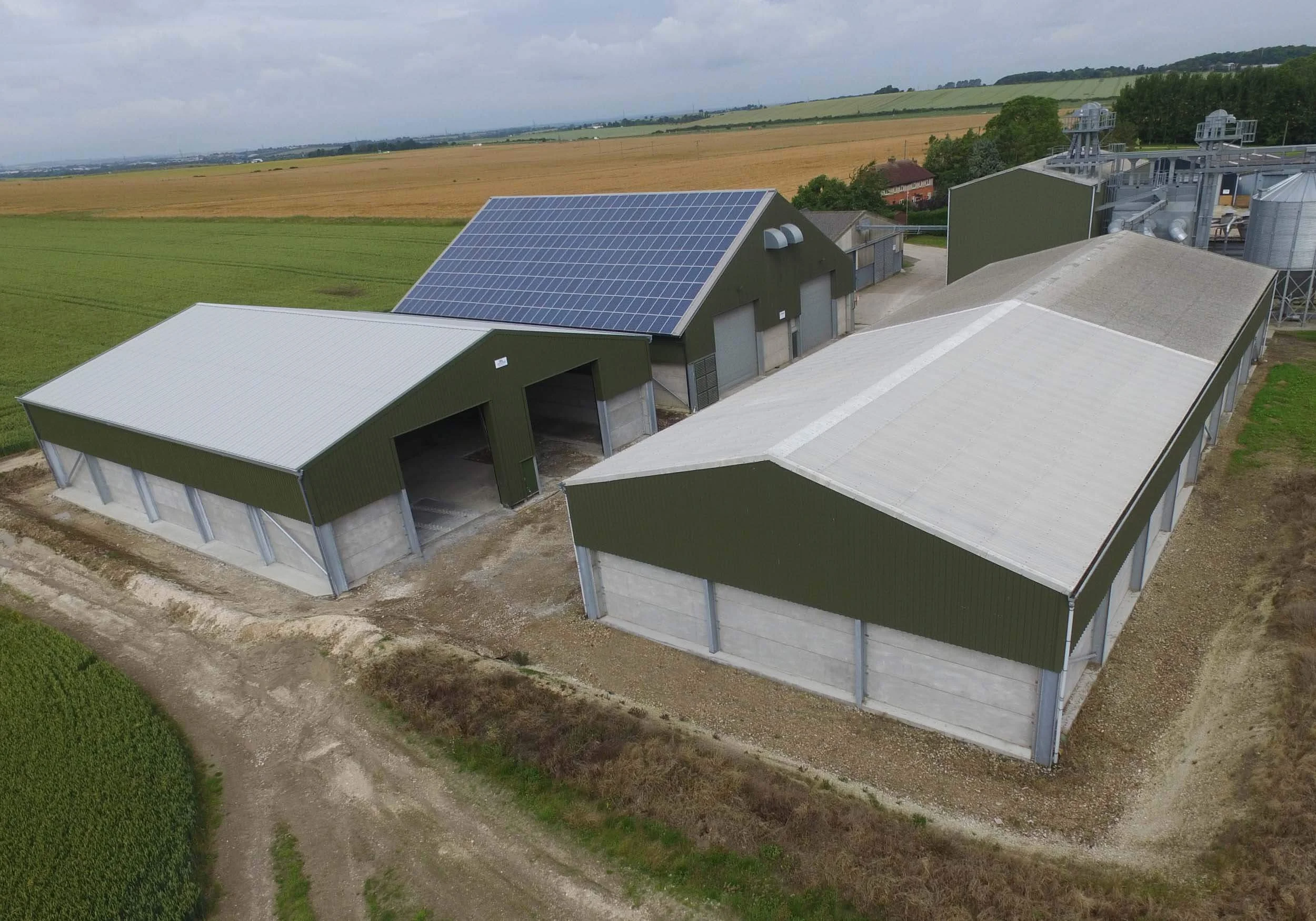 Photography of Bygrave Lodge Farm – arial shot of a range of steel-framed agricultural / grain store buildings