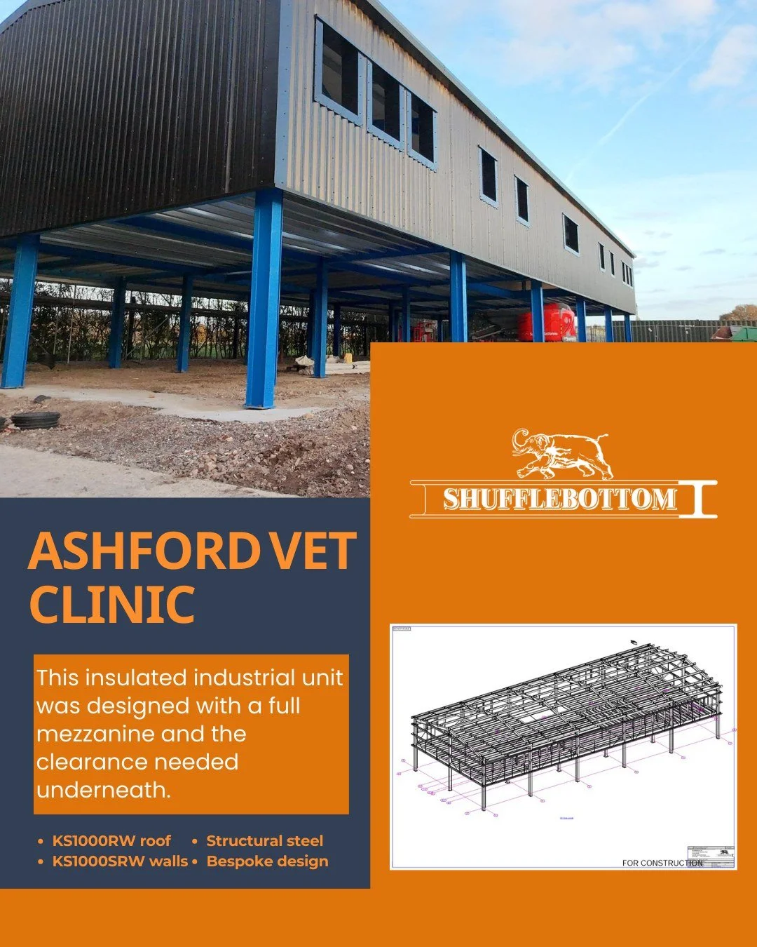 In progress: farm diversification build in Ashford, Kent for a returning customer.

This insulated industrial unit was designed with a full mezzanine and the clearance needed underneath for a red brick ground floor building. All planned out and fabri