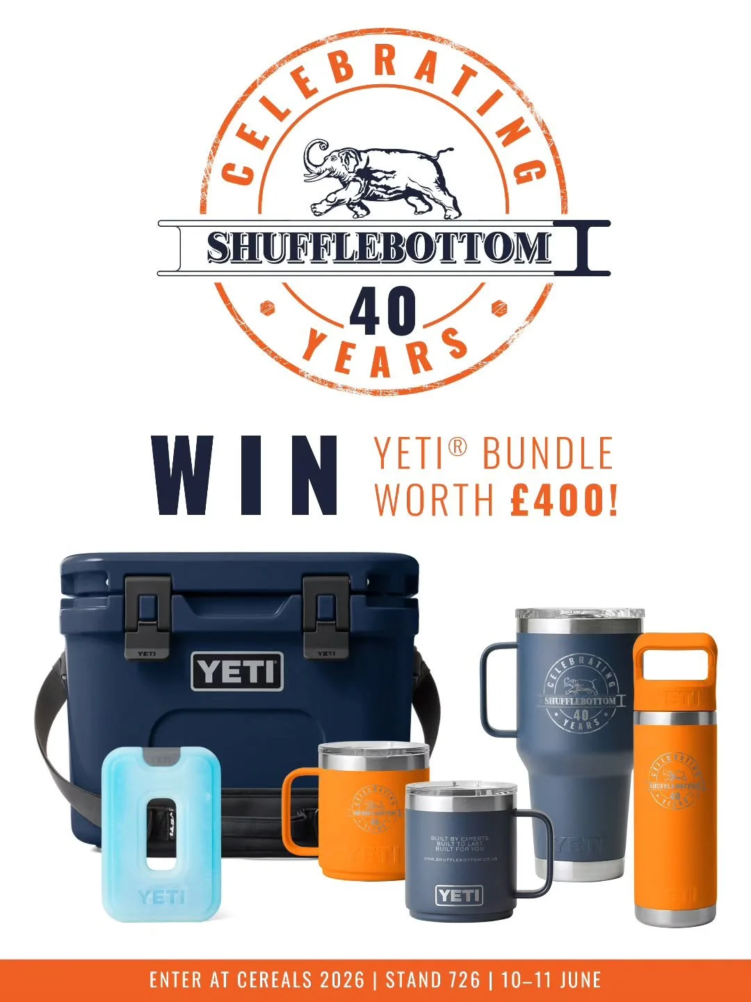 Just one week until Cereals 2026 and we're giving the chance to 🎉 WIN! 🎉

We're celebrating 40 years of Shufflebottom by giving away a premium YETI&reg; bundle worth over &pound;400 at the show!

Even better? Every item has been specially engraved 