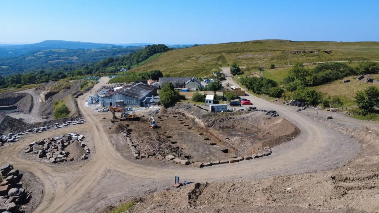 A new 650m&sup2; steel-framed saw shed is taking shape at Gwrhyd Specialist Stone Quarry. 

This aerial photograph captures the site during the groundworks phase, before our steelwork arrived. Since then, we have completed the erection of the steel f