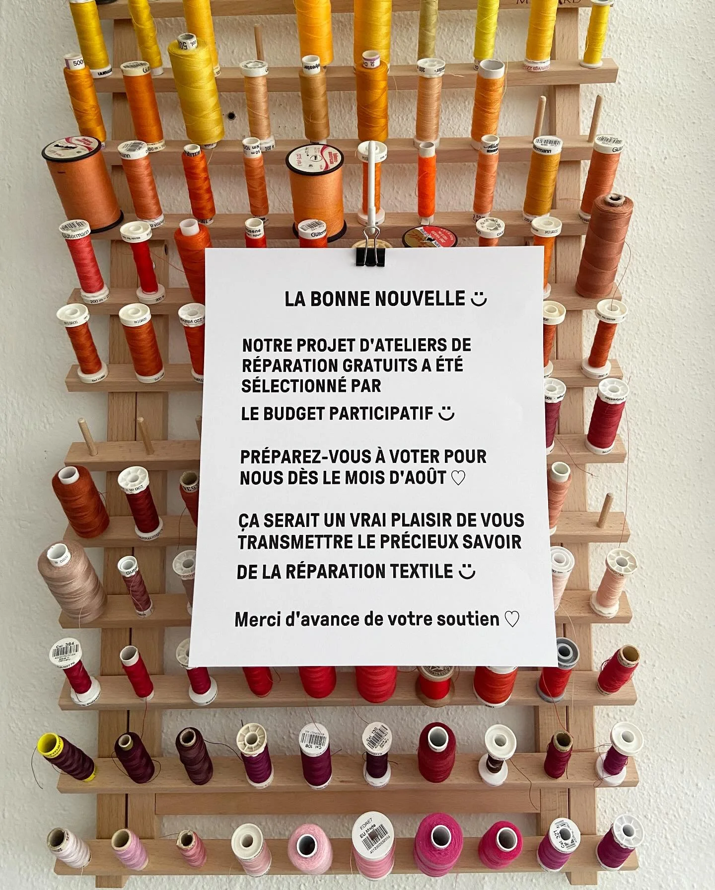 LA BONNE NOUVELLE !

Notre projet d&rsquo;ateliers de r&eacute;paration gratuits a &eacute;t&eacute; s&eacute;lectionn&eacute; par le Budget Participatif de la @villelausanne 

Pr&eacute;parez-vous &agrave; voter pour nous d&egrave;s le mois d&rsquo;