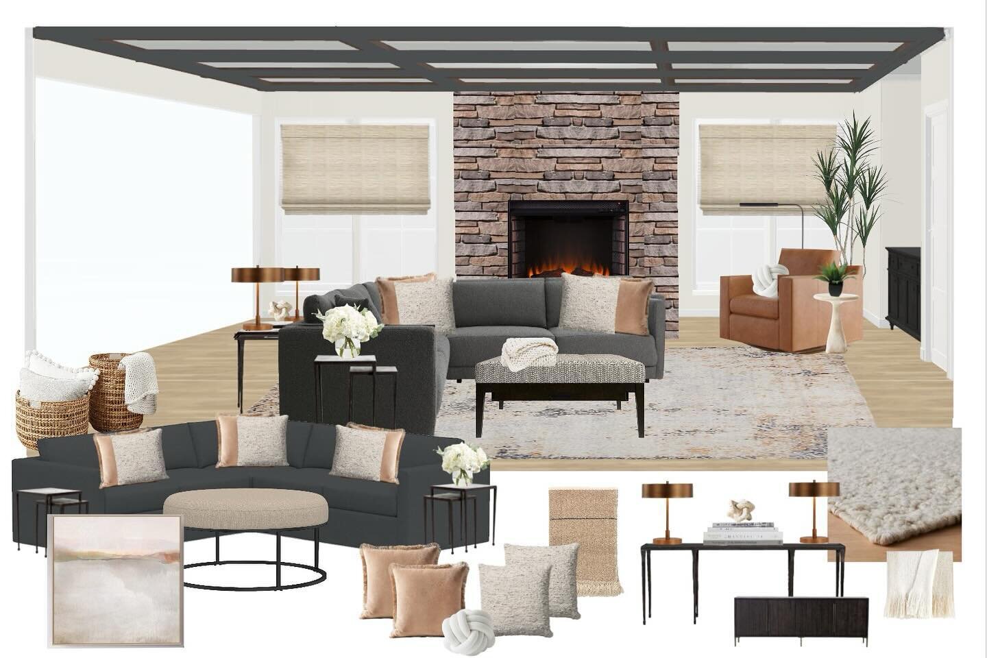 It&rsquo;s Mood Board Monday and I am sharing the living room design for a young couple in Alexandria.  The color palette reflects their personal style, and all of the fabrics and textile choices were designed to stand up to a busy household with thr