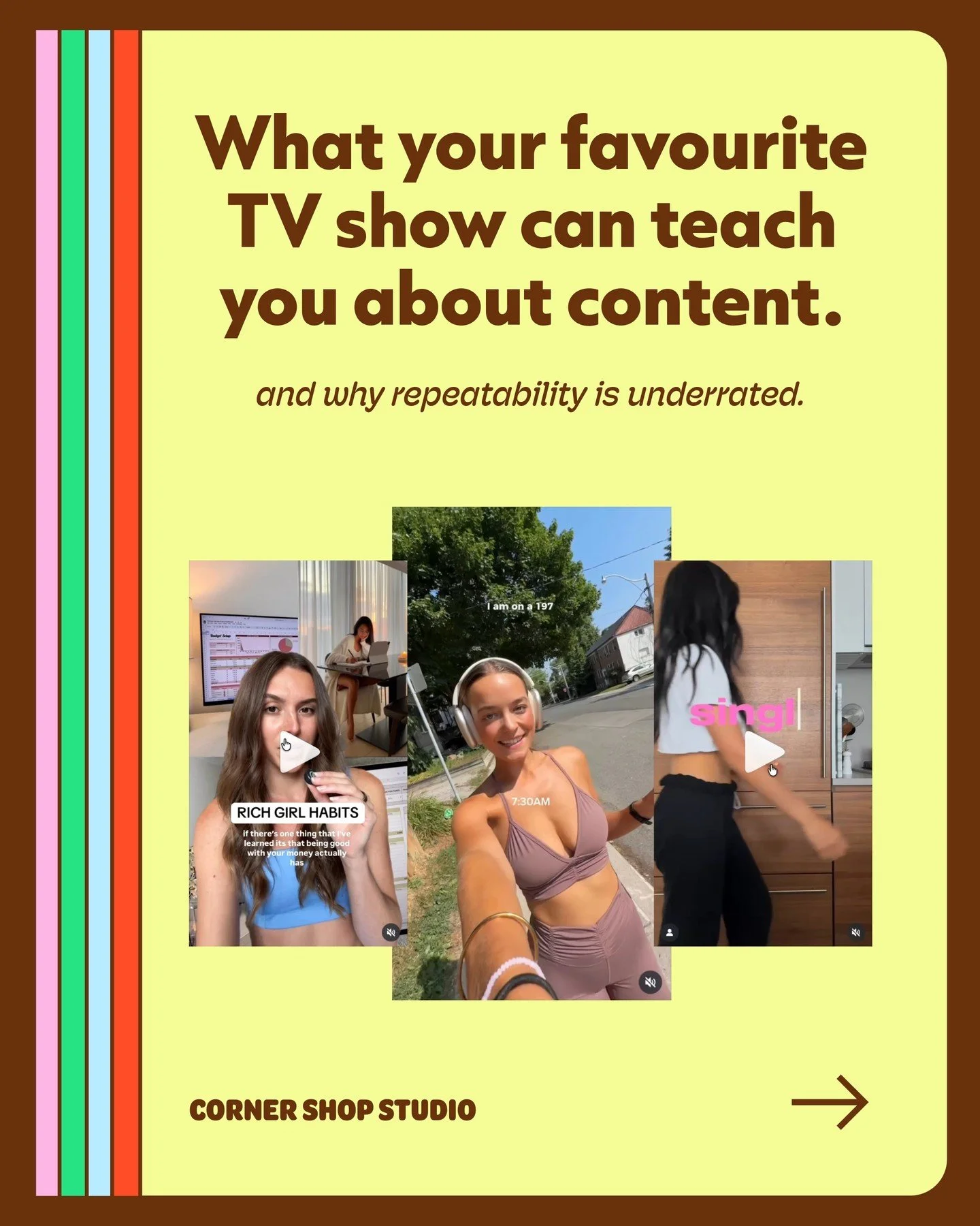 Think about when your favourite character leaves a TV show that you love.

The whole show begins to feels different and it looses the reasons you loved it.

Repeatability works and it makes creating content a little easier.

How is it done? 

Comment