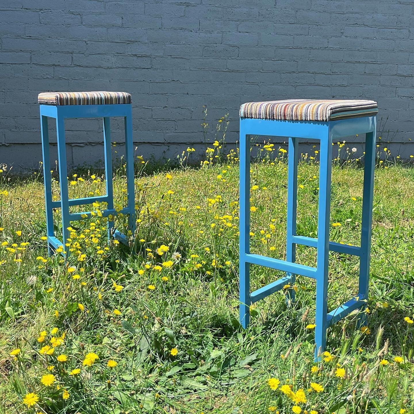 Happy dang Friday! This set of industrial steel barstools got a complete makeover including turquoise powder coating and new low profile seats covered in the most incredible corduroy by @maharamstudios. Turned the precious scrap into two lumbar pillo