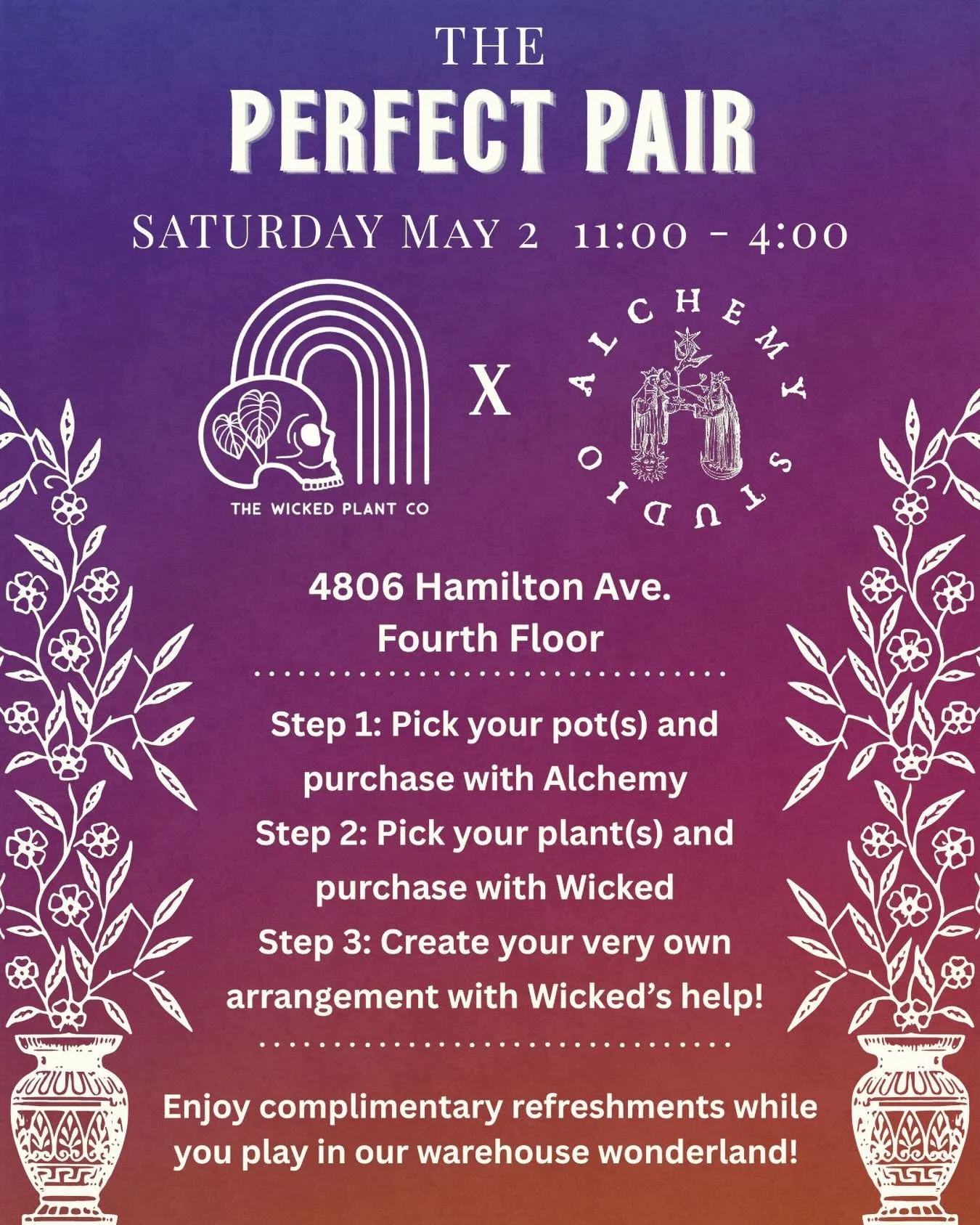Are you coming 😎🪴😎 

This event is free and open to all 🦋 

We&rsquo;ll have locally made pottery by the artists at @alchemy_studio_cleveland and a beautifully curated selection of plants from @thewickedplantco (and wicked owner Caitie here too!!