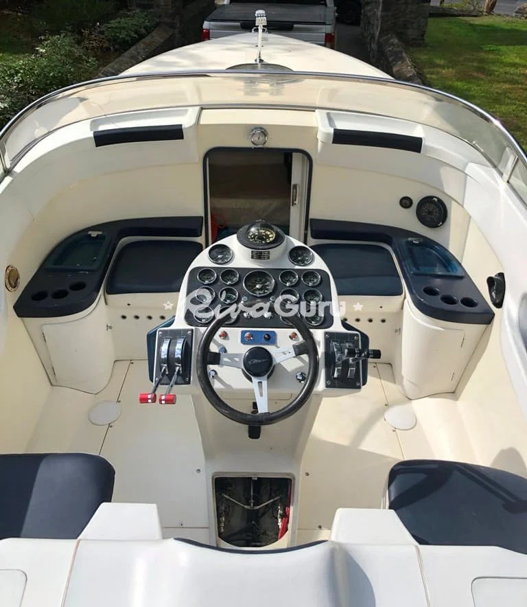 Interior view of a small boat's helm with steering wheel, gauges, controls, and seating area.