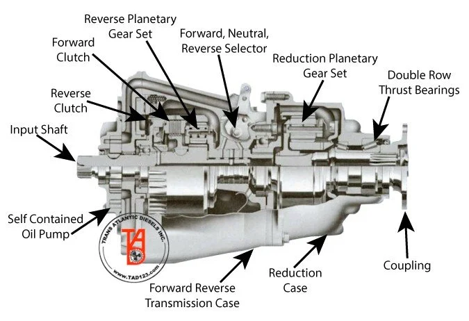 Diagram of a planetary gear transmission system with labels pointing to various components such as input shaft, reverse planetary gear set, forward clutch, reverse clutch, reverse planetary gear set, forward-neutral-reverse selector, reduction planetary gear set, double row thrust bearings, coupling, reduction case, and forward reverse transmission case.
