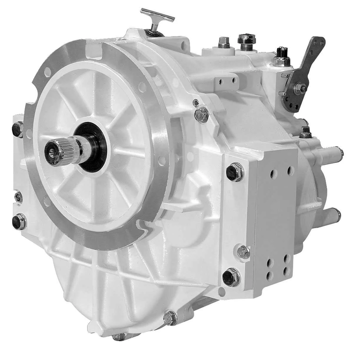A white automotive transmission with visible bolts and mounting points.