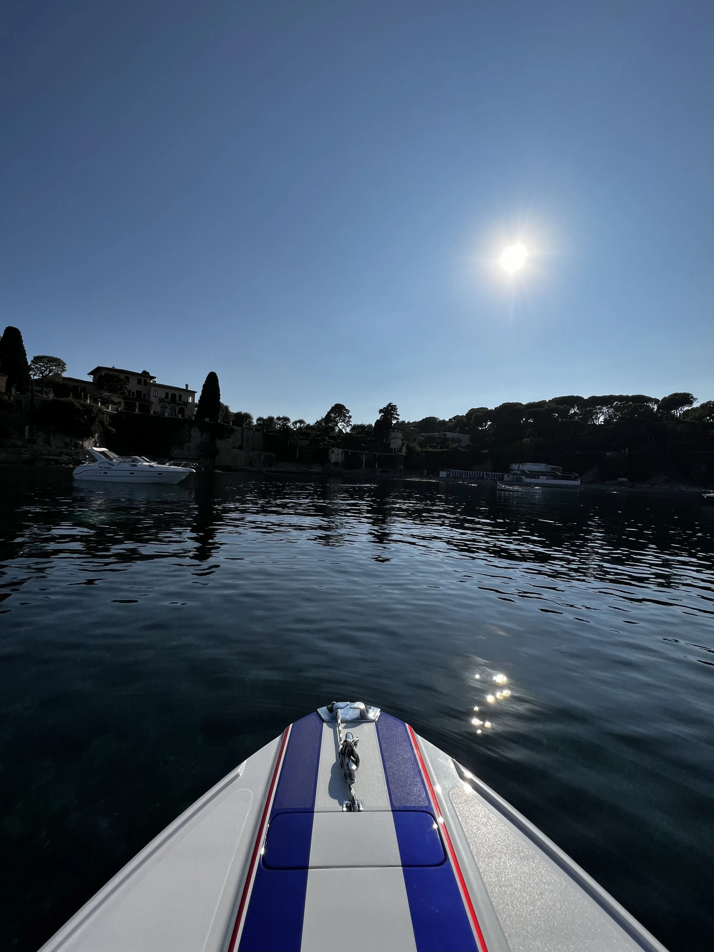 View from a boat on a calm water body, with sunlight reflecting on the surface, and houses and trees on the shoreline in the background under a clear blue sky.