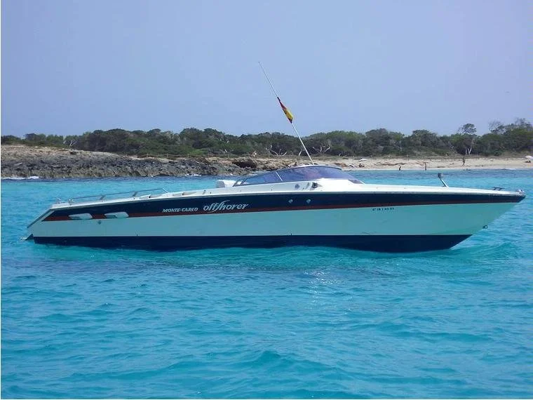 A white and black offshore speedboat anchored near a rocky shoreline with sandy beach and trees in the background.