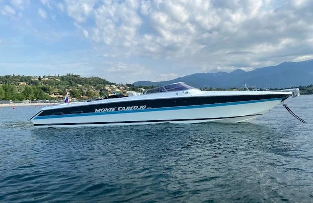 A large white and blue speedboat on the water with a mountainous shoreline in the background.