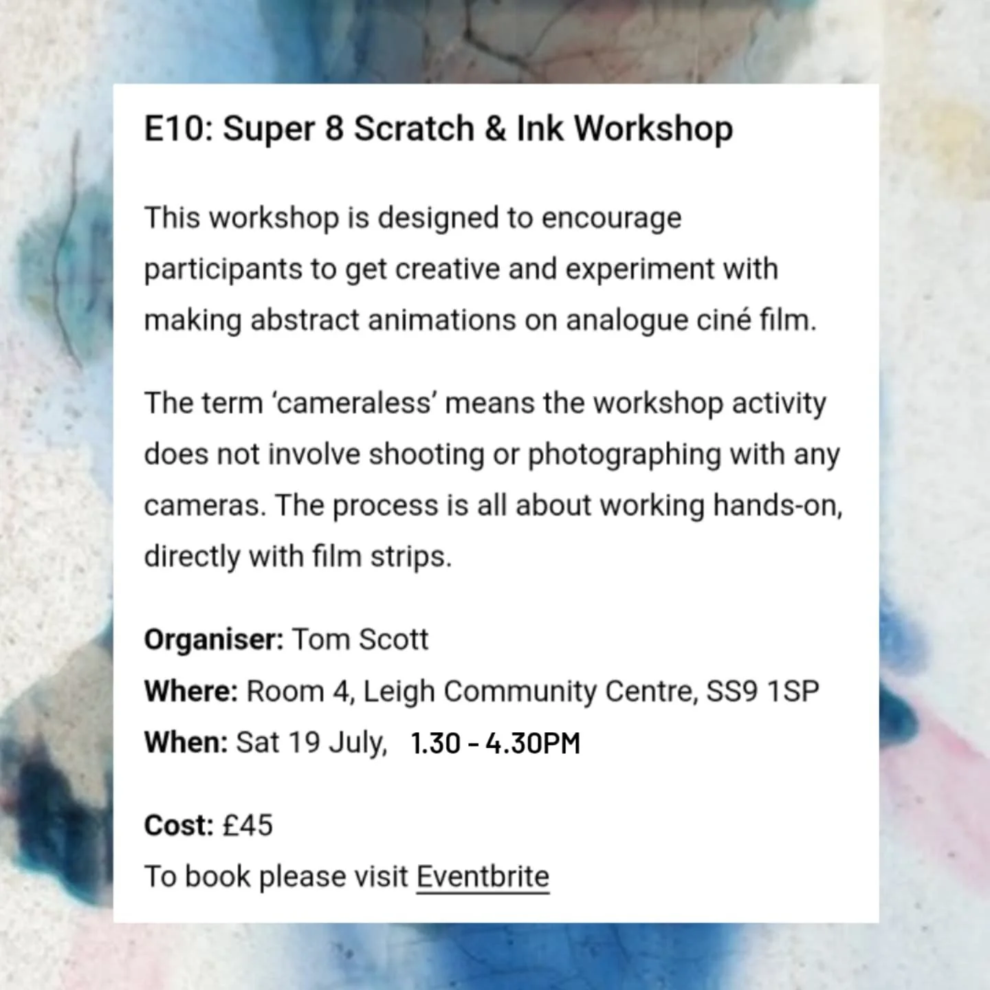 Our last workshop is Sat 19th July - a 3 hour Super 8 Scratch &amp; Ink Workshop.
.
Not sure what to expect? Swipe through the slides above for an idea and then book via link in our bio or Eventbrite link below.
.
E10: Super 8 Scratch &amp; Ink Works