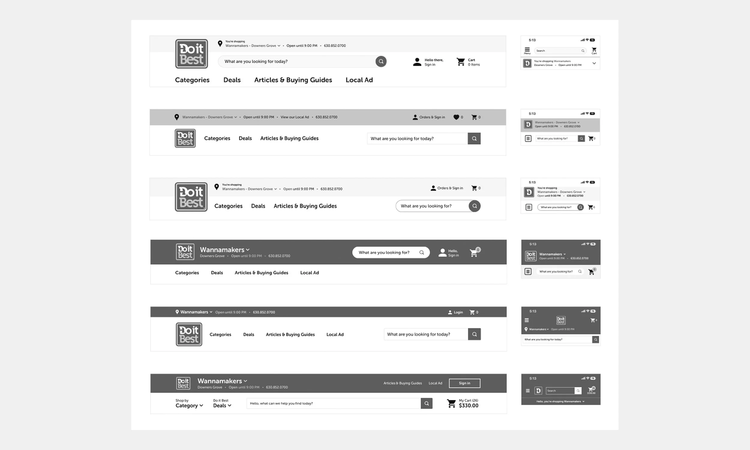 As a co-op, the challenge was to create a unified customer experience across DoitBest.com and member sites while supporting individual branding. To address this, we needed a header design that enabled customizable navigation and content.