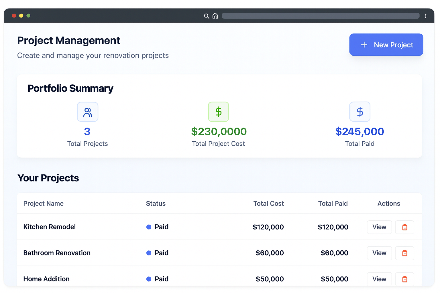 Screenshot of Home renovation tracking tool