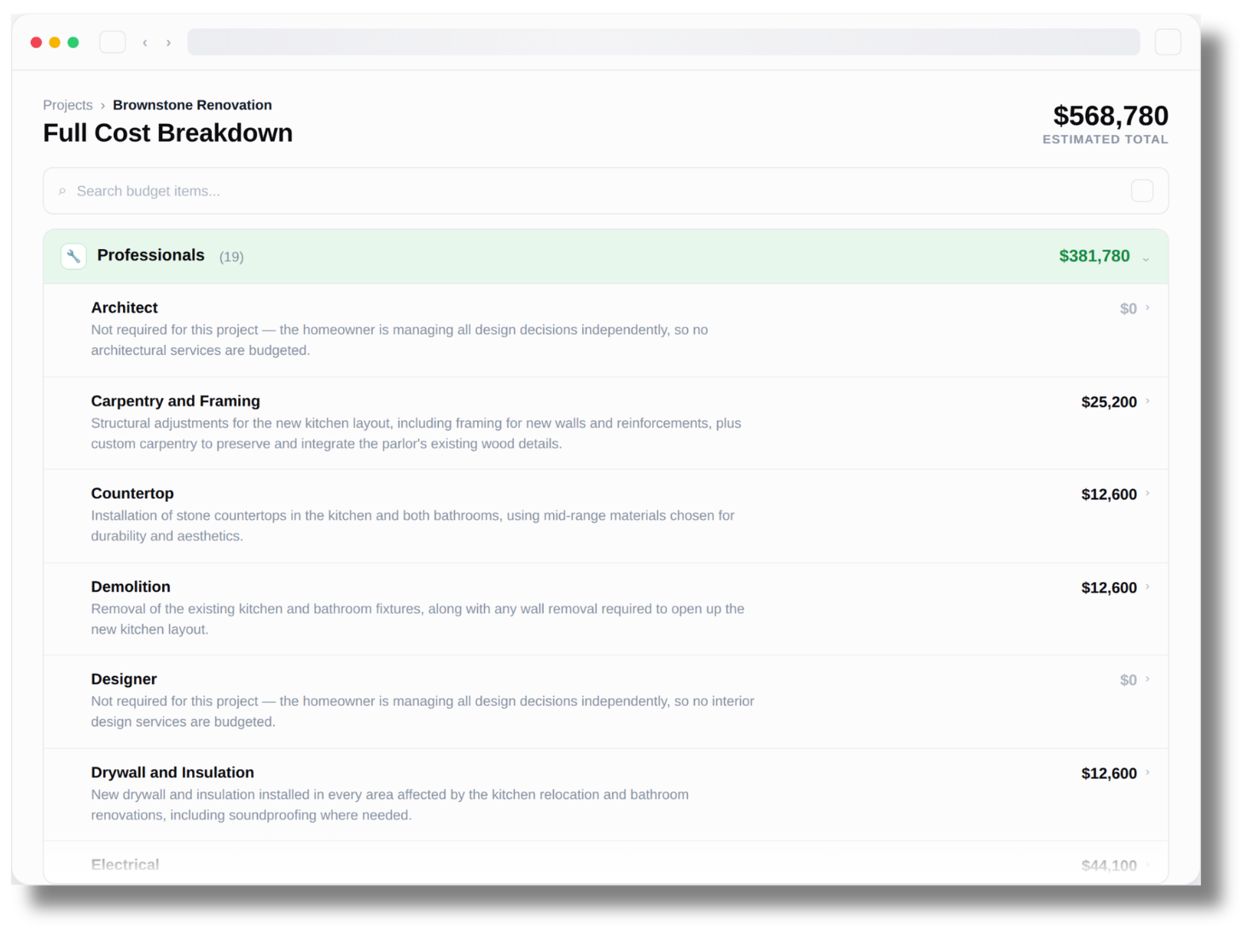 Screenshot of a Personalized, zip code specific estimate for a whole house renovation