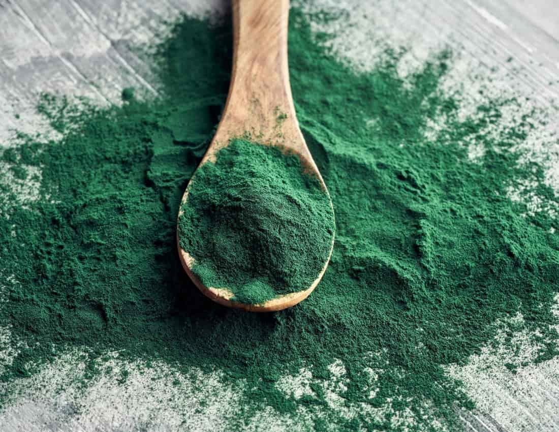 A close-up image of spirulina powder on a spoon