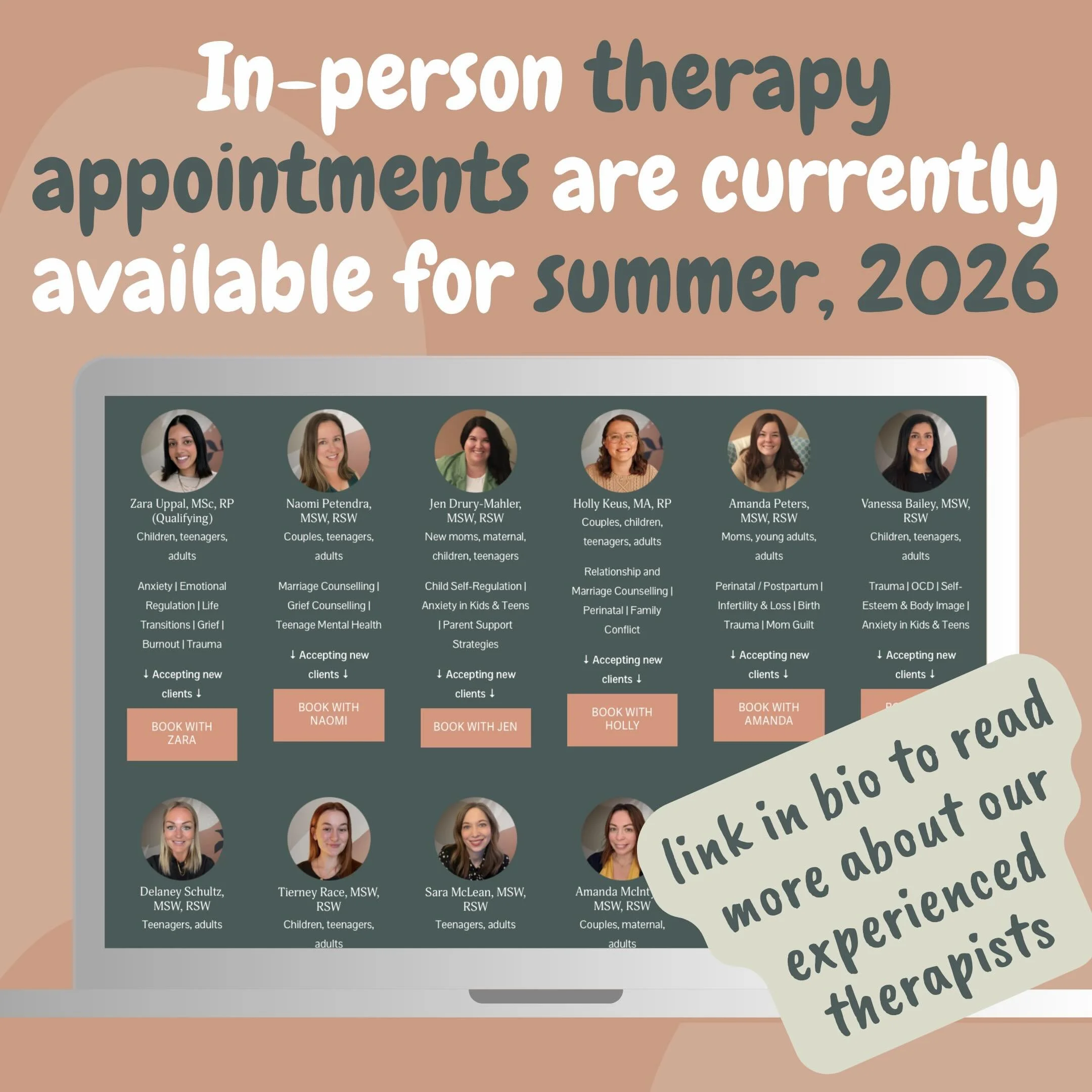 Accepting New clients with in person and virtual availability this summer! Check out the link in bio to read more, and connect with the therapist who feels like the right fit for you.