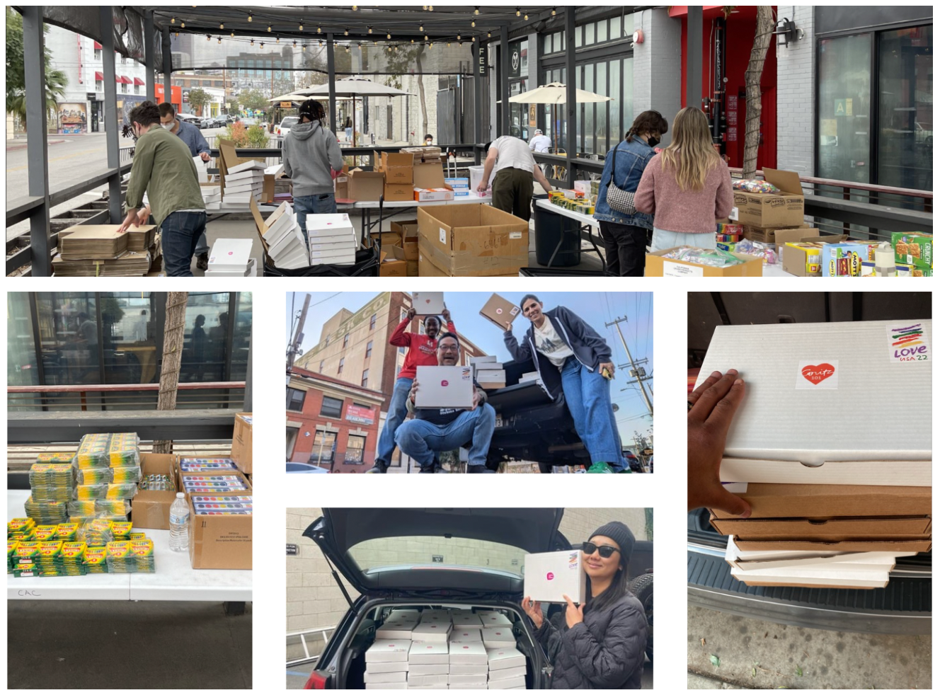 A collage of images from January 2025 during the LA fires, Corita Art Center volunteers handing out art kits, closeups of the art kits