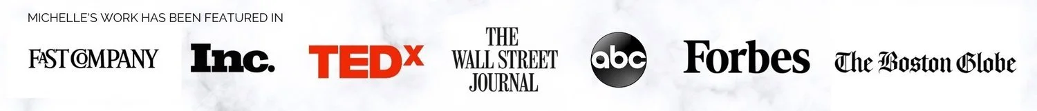 A collage of logos from various media outlets and organizations, including Fast Company, Inc., TEDx, The Wall Street Journal, ABC, Forbes, and The Boston Globe.