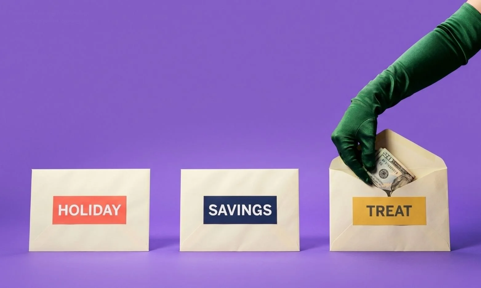Buyer psychology also understand how and when people spend money. A hand reaching into treat fund, when holiday fund and savings fund stay untouched.