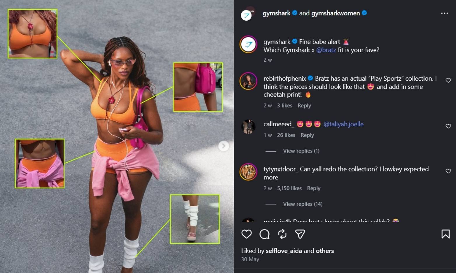 Screenshot from Gymshark x Bratz collab post on Instagram