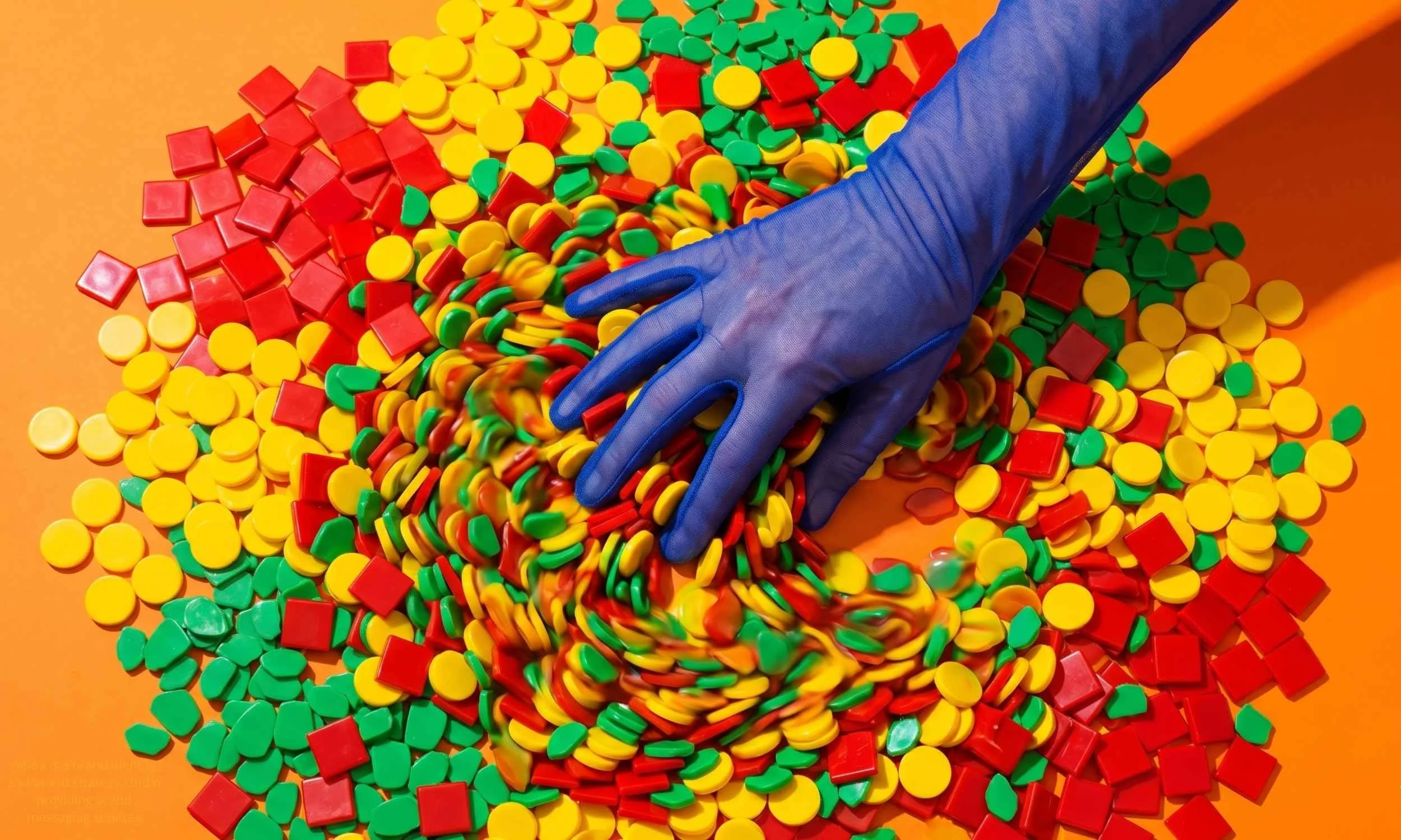 A hand mixing up colorful chips, symbolizing how AI picks the most likely outcome from the sea of similar data inputs.