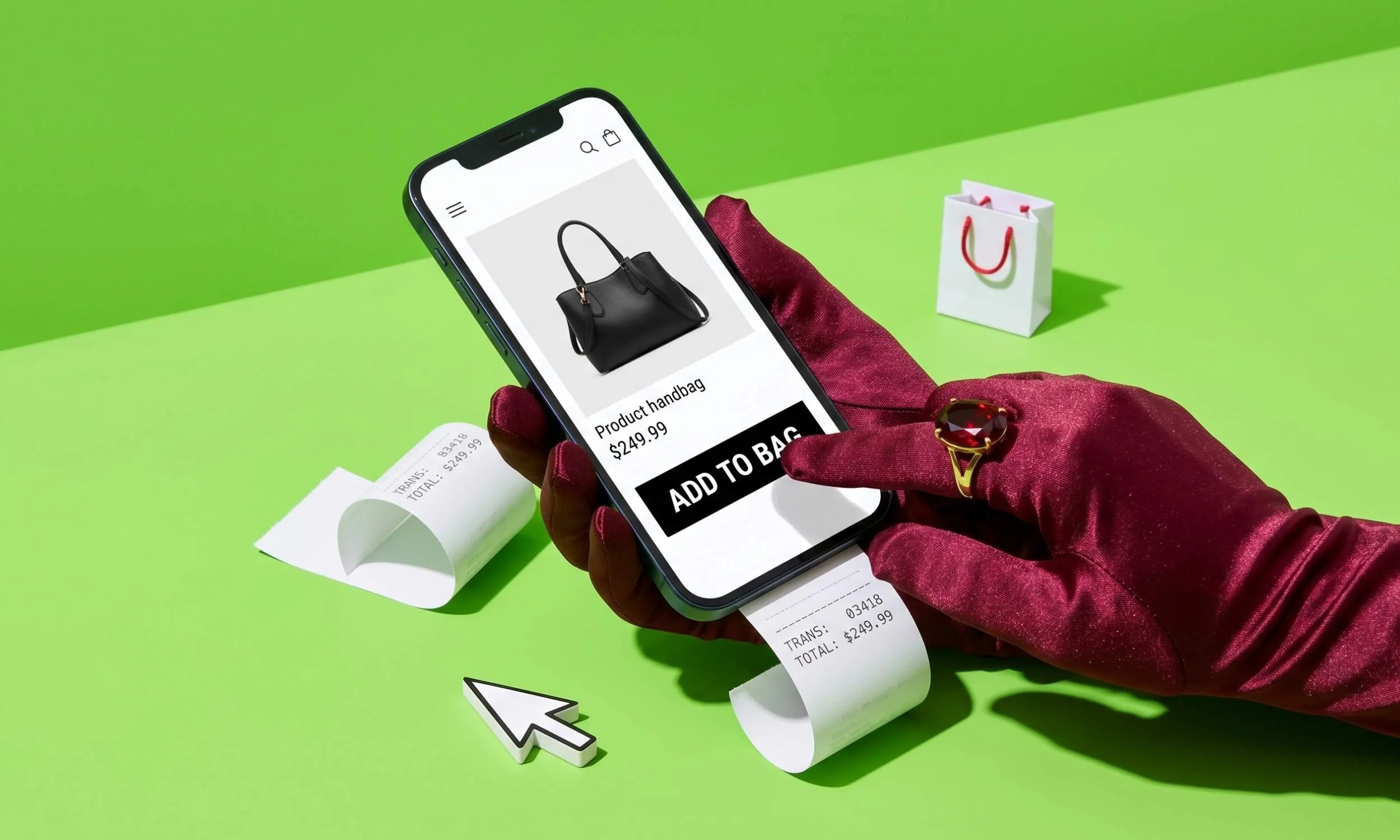 Burgundy satin-gloved finger hovering over an Add to Bag button on a smartphone surrounded by a receipt and shopping bag, representing the moment of online impulse buying