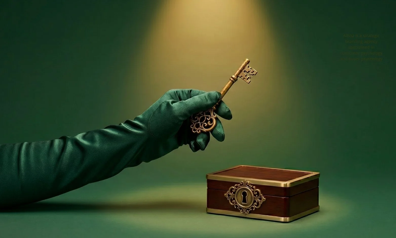 Green satin gloved hand holding an ornate key near a small closed lock box on a forest green infinity cove, representing the effort justification effect and how investment in a brand strengthens loyalty through cognitive dissonance.