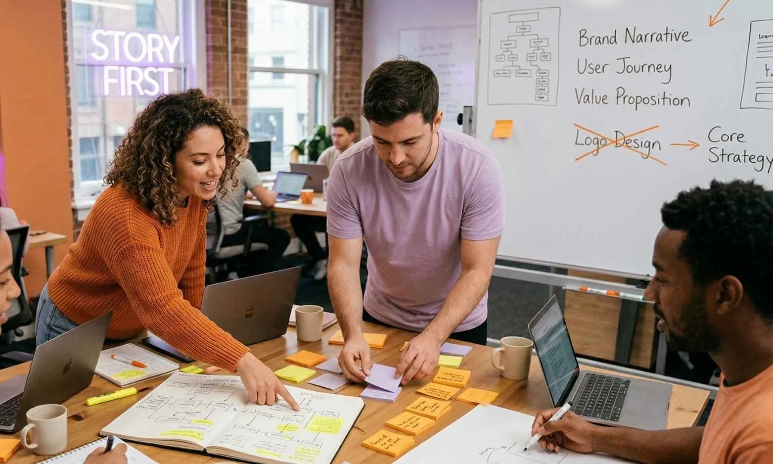 Branding agency for startups understand the unique challenges startups have. Here's a visual presentation of team at Ainoa building the brand strategy, using post it notes and a white board with sectioned brand narrative, user journey & USP.