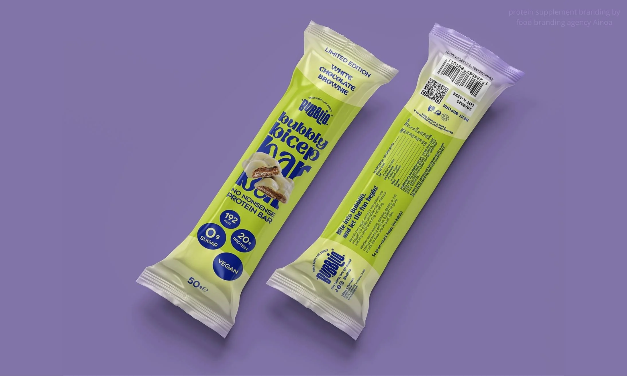 A vivid protein brand for gen z market featuring vivid brand colors and fonts by brand psychology agency Ainoa