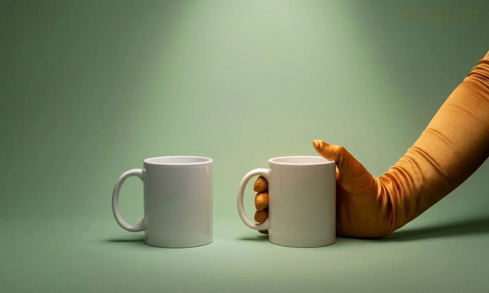 buyer psychology example of the endownment effect, a hand holding a white mug next to an identical white mug.