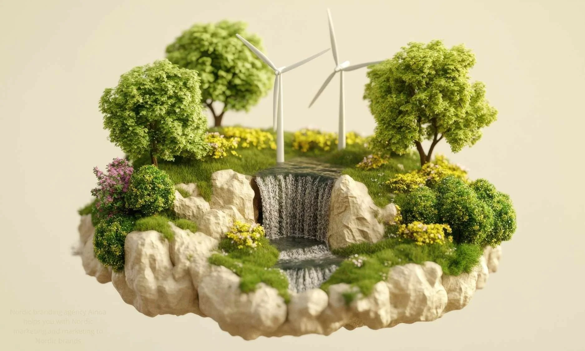 A stylised, AI-generated green “mini planet” featuring lush vegetation, wind turbines, and water — a visual metaphor for sustainability and environmental storytelling in Nordic marketing and branding.