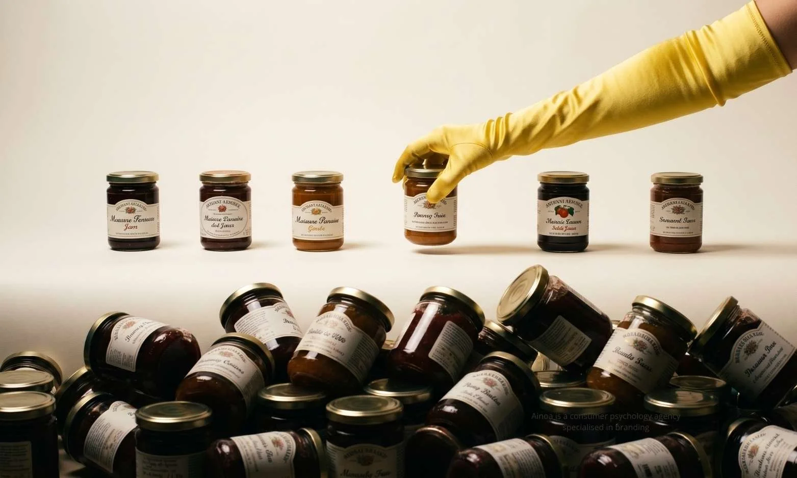 Consumer psychology example of the famous jam study, image showing a hand picking one of the six jams instead one of 24.