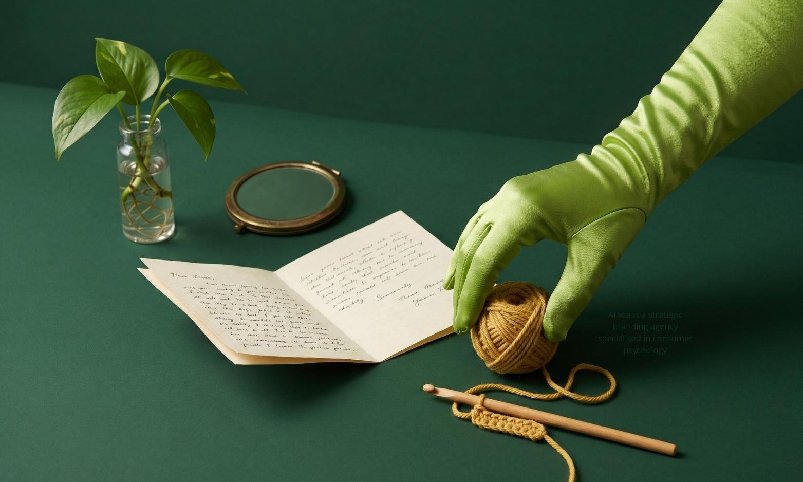 A hand organising various items: a plant cutting, mirror, letter, yarn and crocheting hook. The image represents personal values and idenitty in psychographic profiling in branding and marketing.