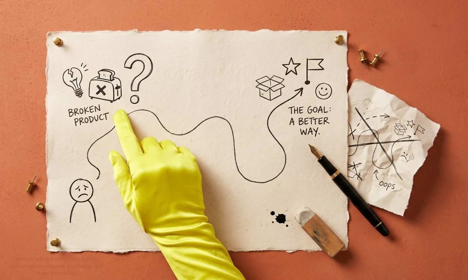 Yellow satin-gloved hand tracing a hand-drawn storyboard from problem to solution, illustrating the structure of a brand origin story