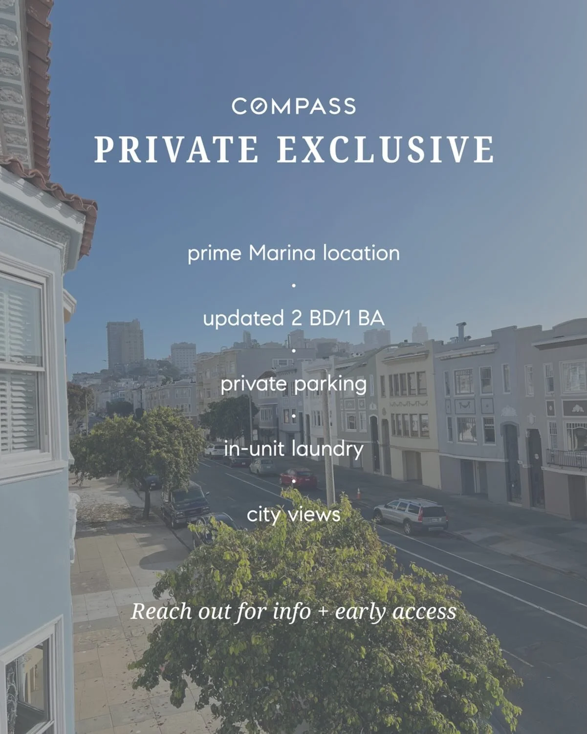 ✨ PRIVATE EXCLUSIVE ✨

Seeking the best of San Francisco living in a prime Marina location? 

Coming soon is an updated, sun-drenched 2 BD/1 BA corner unit set in a prized trophy building in the heart of the Marina. 

Whether you&rsquo;re a first-tim