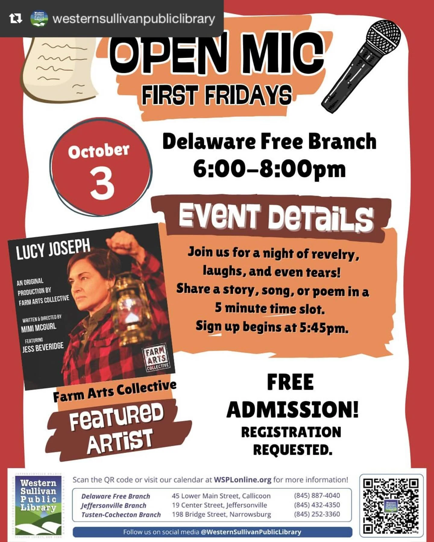 Repost from @westernsullivanpubliclibrary
&bull;
TONIGHT! Our monthly Open Mic First Fridays will be at the Callicoon Branch, starting at 6pm. Come see @farmartscollective perform scenes from their Lucy Joseph play and listen to local poets!