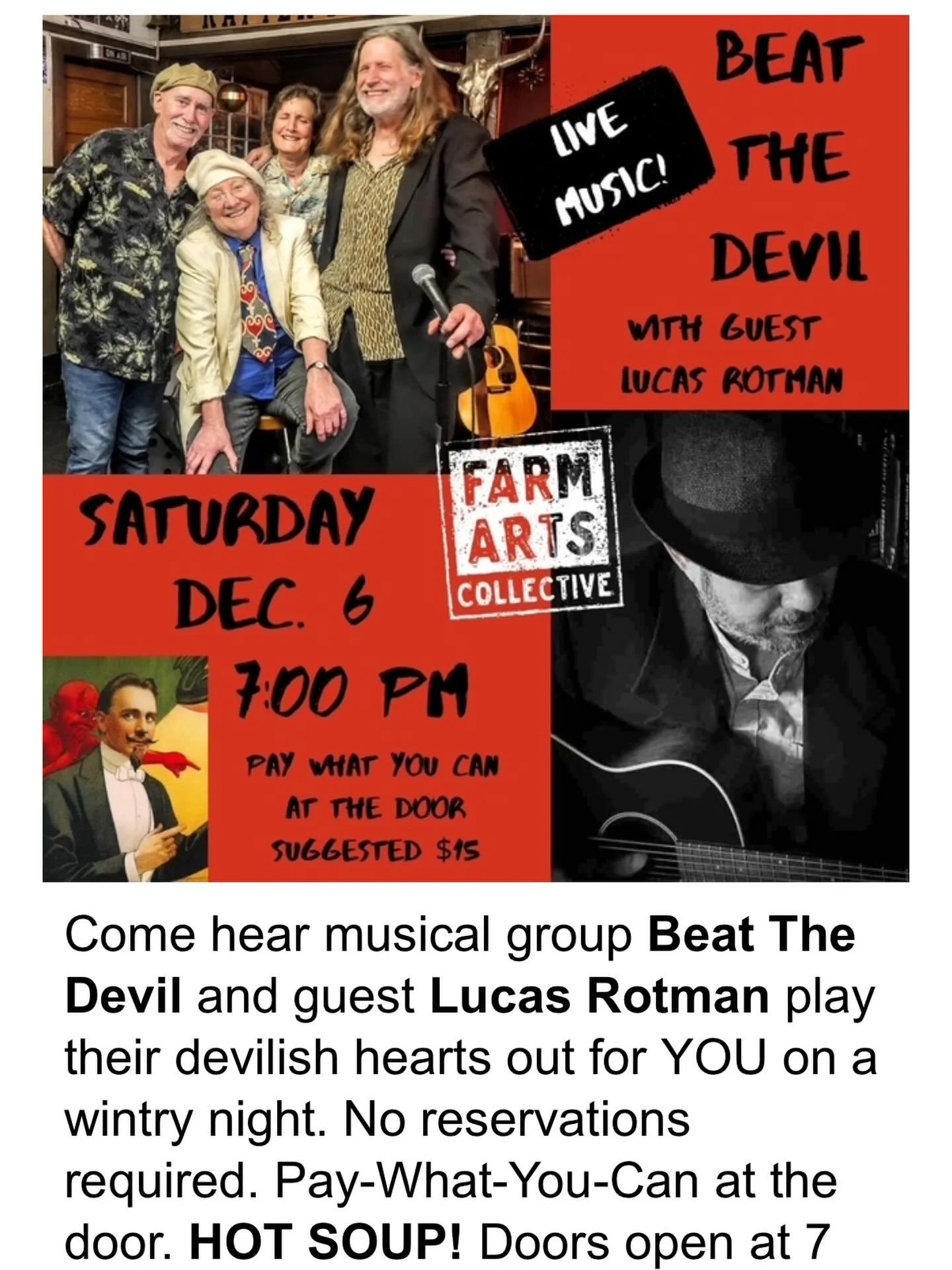 THIS SATURDAY! 
🎶🎸🥁🎹🪗🪕
Beat the Devil is an eclectic, dirty, funky, country, bluesy folk rock band comprised of the following musicians:
⭐️Doug Rogers (vocals, guitar, piano, accordion, main writer)
⭐️Annie Hat (vocals, bass, percussion)
⭐️Dave