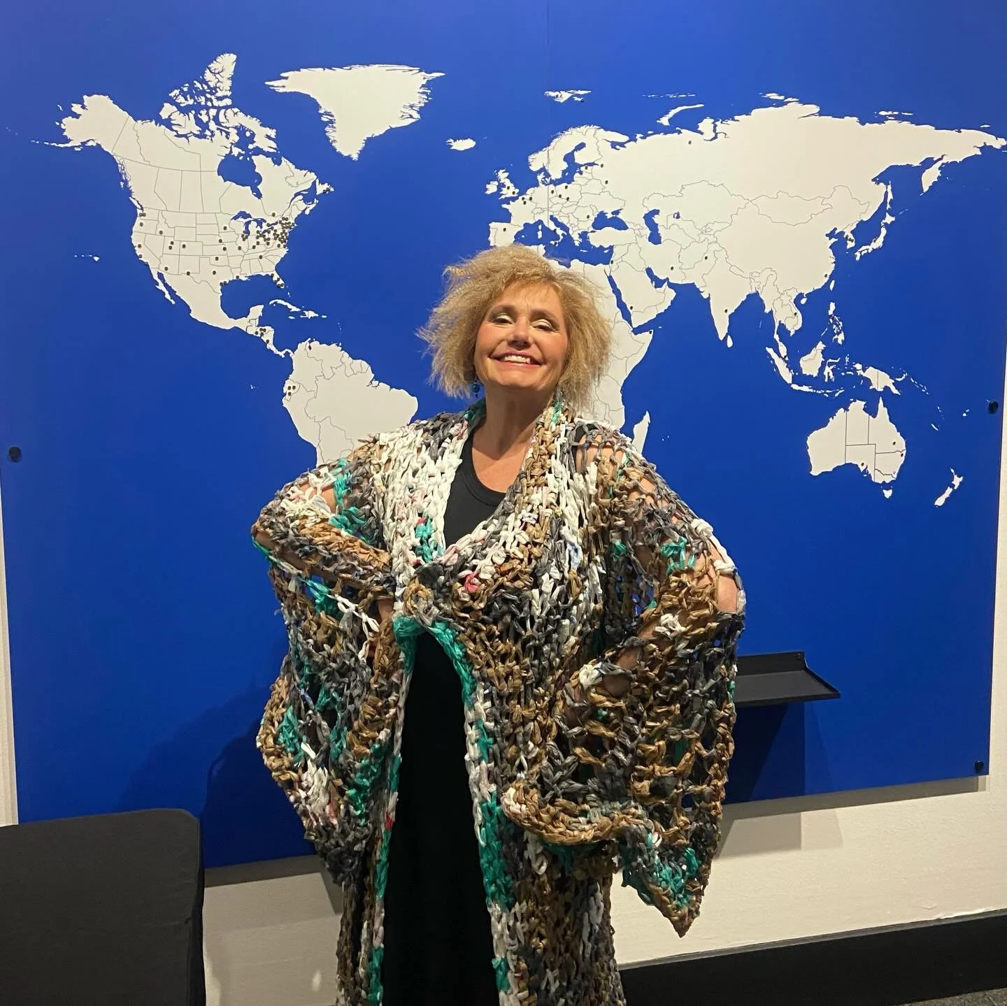 Tonight at the Repurposed Fashion Show at the Everhart museum @everhartmuseum in Scranton. Kudos to @cellarfive @hatchy_mcclatchy and Chrissy Cuddy for an insane crimped hairstyle! Robe of recycled plastic bags crocheted by @sue_currier