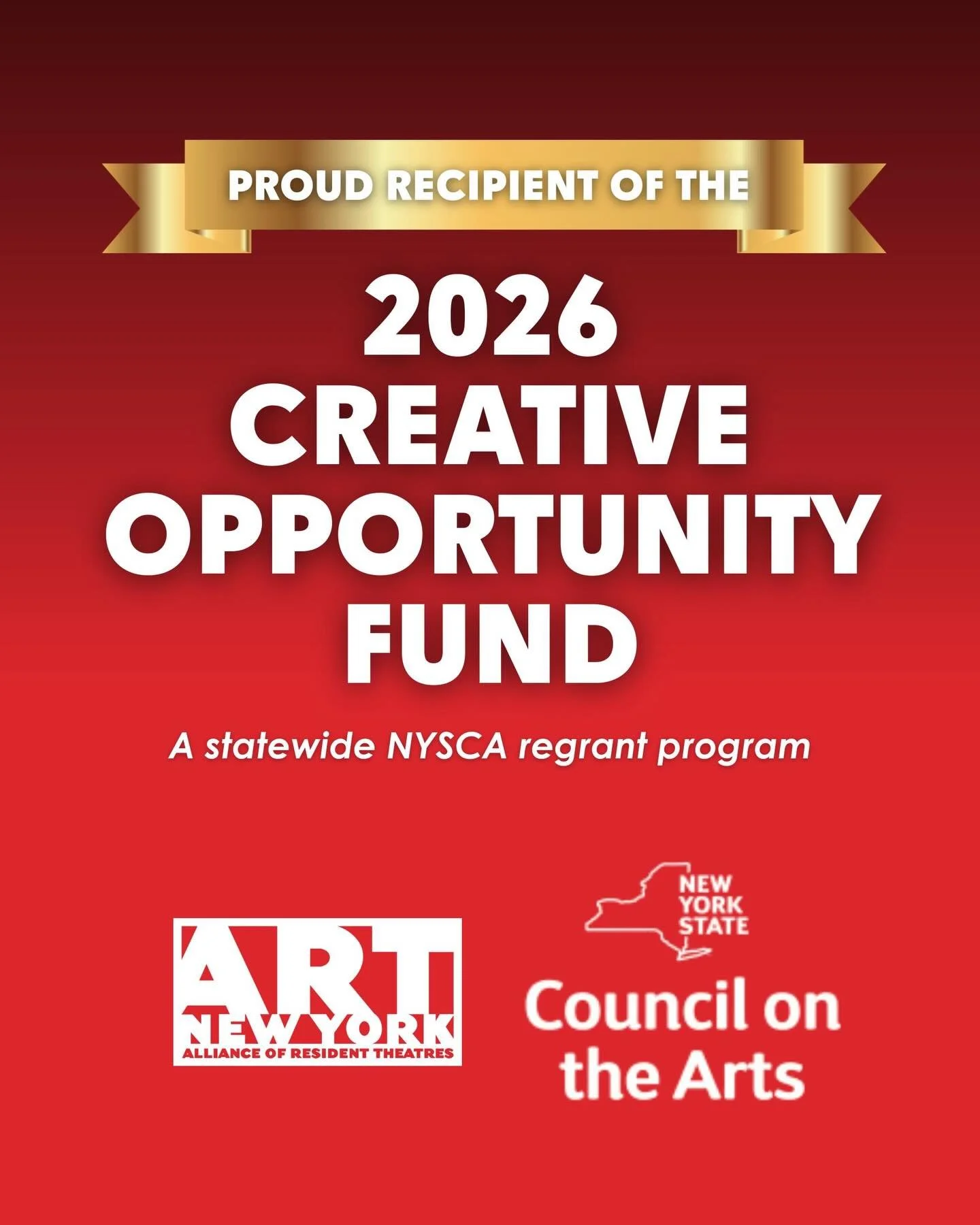 🥳We are so thrilled to be a recipient of a NYSCA-A.R.T./New York Creative Opportunity Fund (A Statewide Theatre Regrant Program) Grant for our 2026 season! 
Thank you @nyscouncilonthearts &amp; @artny72 for all you do for us artists!