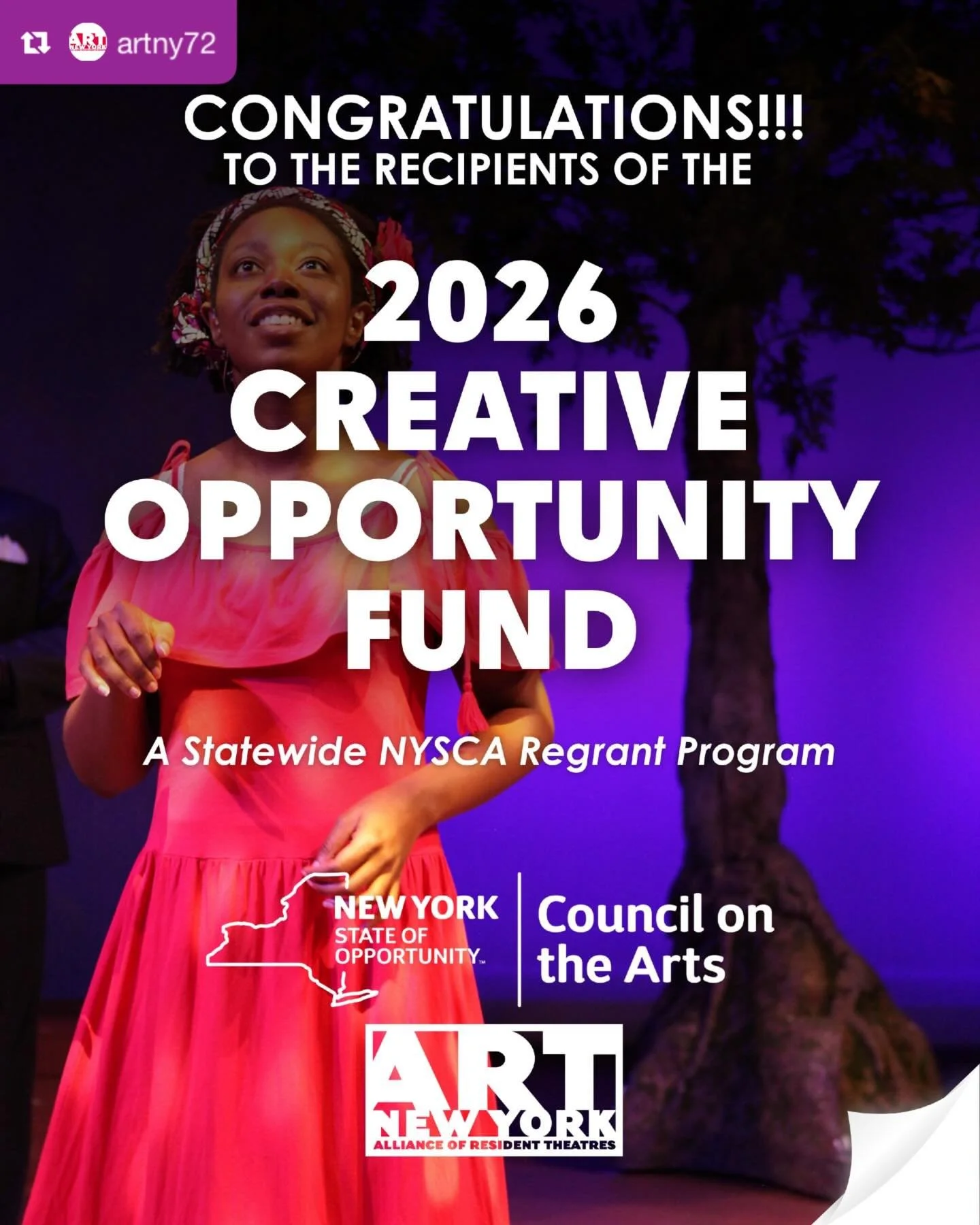 Repost from @artny72
&bull;
🎉 Big news for New York theatre! 

The New York State Council on the Arts (NYSCA) (@nyscouncilonthearts) and the Alliance of Resident Theatres/New York (A.R.T./New York) are proud to announce the 77 recipients of the 2026